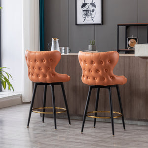 English Elm A&A Modern 25" Counter Height Bar Stools Set of 2 — Orange Leathaire Tufted Swivel Seats with Gold Trim W114353782