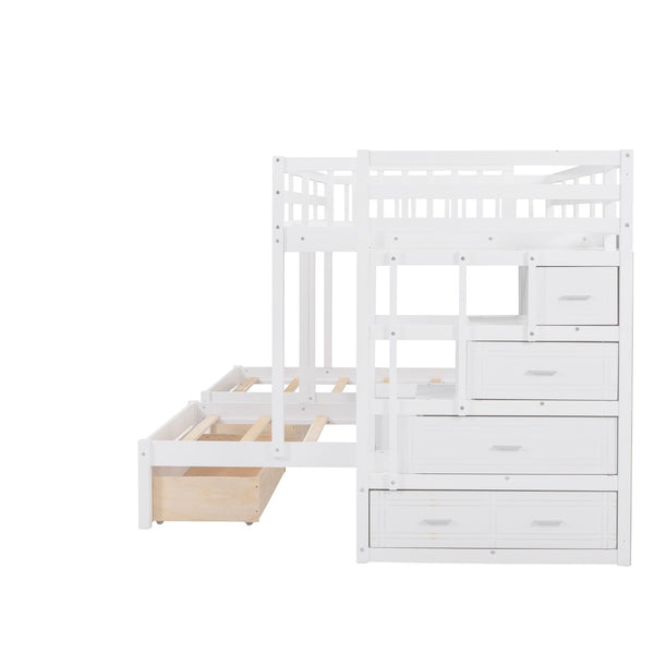 English Elm Full Over Twin Triple Bunk Bed Pine Wood Frame with Storage Drawers and Guardrails LT000443AAK-1
