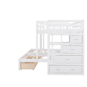 English Elm Full Over Twin Triple Bunk Bed Pine Wood Frame with Storage Drawers and Guardrails LT000443AAK-2