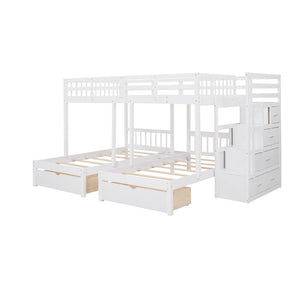 English Elm Full Over Twin Triple Bunk Bed Pine Wood Frame with Storage Drawers and Guardrails LT000443AAK-1