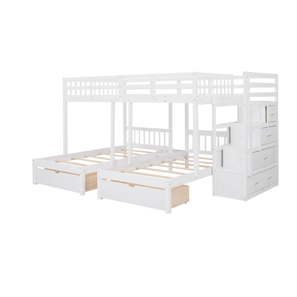 English Elm Full Over Twin Triple Bunk Bed Pine Wood Frame with Storage Drawers and Guardrails LT000443AAK-2