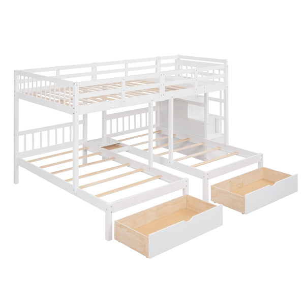 English Elm Full Over Twin Triple Bunk Bed Pine Wood Frame with Storage Drawers and Guardrails LT000443AAK-1