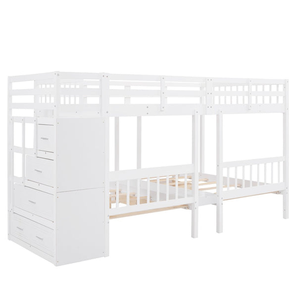 English Elm Full Over Twin Triple Bunk Bed Pine Wood Frame with Storage Drawers and Guardrails LT000443AAK-1