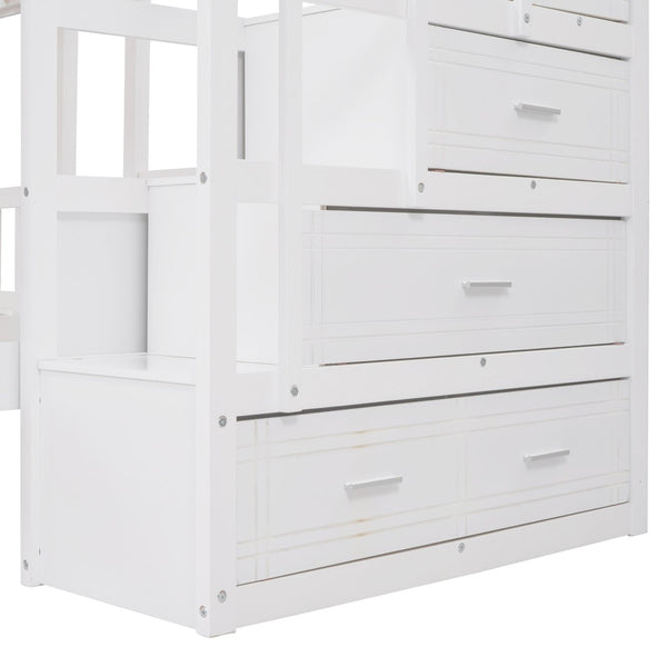 English Elm Full Over Twin Triple Bunk Bed Pine Wood Frame with Storage Drawers and Guardrails LT000443AAK-2