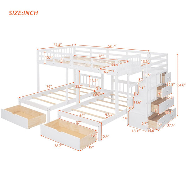 English Elm Full Over Twin Triple Bunk Bed Pine Wood Frame with Storage Drawers and Guardrails LT000443AAK-2