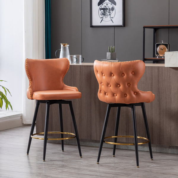 English Elm A&A 25" Counter Height Swivel Bar Stools Set of 2 — Tufted Orange Leathaire Seats, Gold Nailheads, Metal Legs W114353782