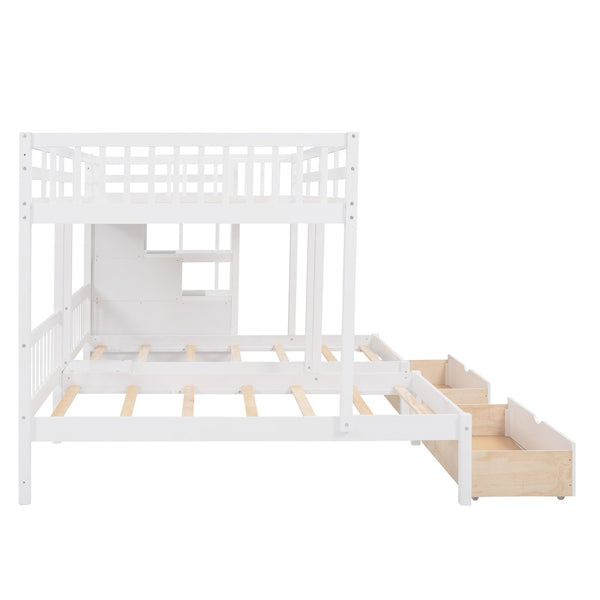 English Elm Full Over Twin Triple Bunk Bed Pine Wood Frame with Storage Drawers and Guardrails LT000443AAK-1
