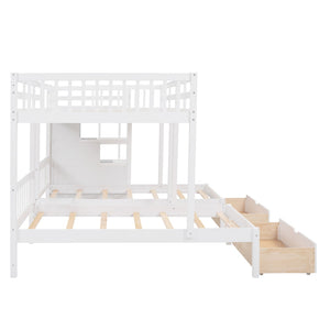 English Elm Full Over Twin Triple Bunk Bed Pine Wood Frame with Storage Drawers and Guardrails LT000443AAK-2
