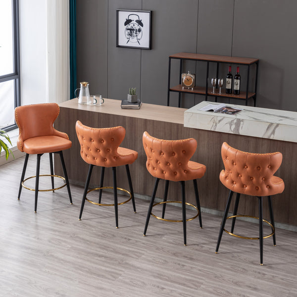 English Elm A&A 25" Counter Height Swivel Bar Stools Set of 2 — Tufted Orange Leathaire Seats, Gold Nailheads, Metal Legs W114353782