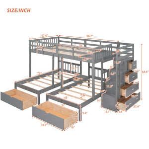 English Elm Full Over Twin Triple Bunk Bed Pine Wood Frame with Storage Drawers and Guardrails LT000443AAE-1