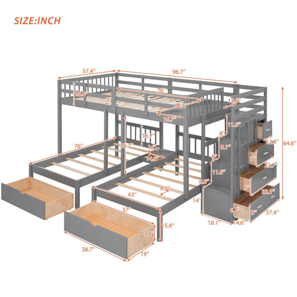 English Elm Full Over Twin Triple Bunk Bed Pine Wood Frame with Storage Drawers and Guardrails LT000443AAE-1