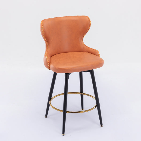 English Elm A&A 25" Counter Height Swivel Bar Stools Set of 2 — Tufted Orange Leathaire Seats, Gold Nailheads, Metal Legs W114353782