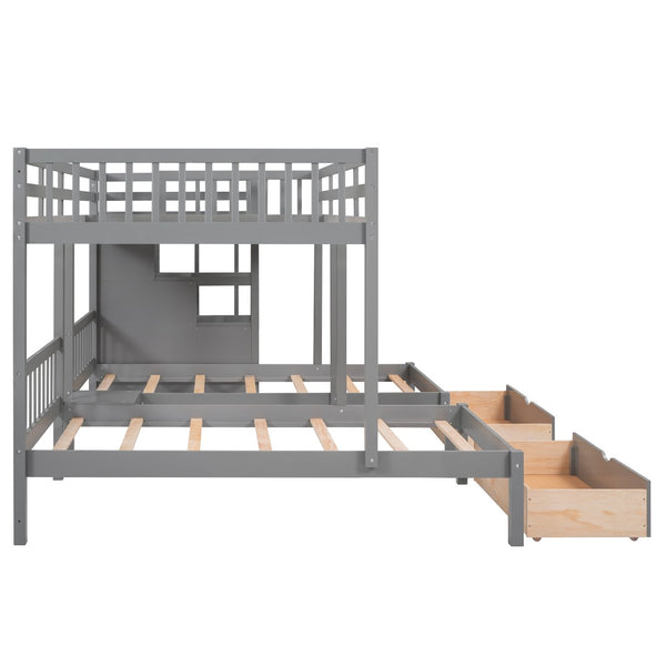 English Elm Full Over Twin Triple Bunk Bed Pine Wood Frame with Storage Drawers and Guardrails LT000443AAE-2