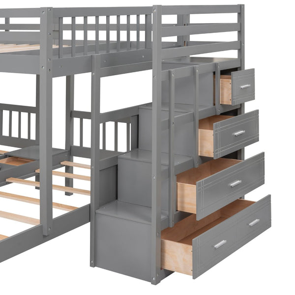 English Elm Full Over Twin Triple Bunk Bed Pine Wood Frame with Storage Drawers and Guardrails LT000443AAE-1