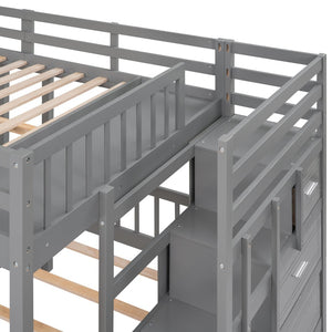 English Elm Full Over Twin Triple Bunk Bed Pine Wood Frame with Storage Drawers and Guardrails LT000443AAE-1