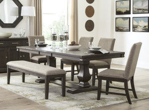 English Elm 6pc Southlake Dining Set Rustic Brown Oak Double Pedestal Table with Bench & Upholstered Beige Chairs B011S00656