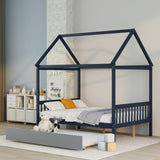 Hearth and Haven Full Size House-Shaped Bed with Extra Support Legs, Navy Blue and Grey W697S00022