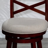 English Elm 24" Counter Height X-Back Swivel Stool, Cherry Finish, Beige Fabric Seat