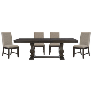 English Elm 5pc Southlake Dining Set Rustic Brown Double Pedestal Table with Upholstered Beige Linen Chairs B011S00655