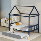 Hearth and Haven Full Size House-Shaped Bed with Extra Support Legs, Navy Blue and Grey W697S00022