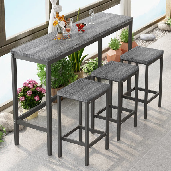 English Elm Modern Long Dining Table Set with 60" Rustic Space-Saving Pub Table and 3 Metal-Frame Stools, Easy Assembly Gray W757113527