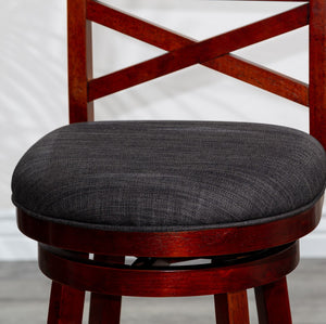 English Elm 24" Counter Height X-Back Swivel Stool, Cherry Finish, Charcoal Fabric Seat