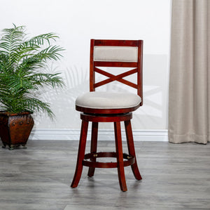 English Elm 30" 30" Bar Height X-Back Swivel Stool Cherry Finish with Beige Padded Fabric Seat, Solid Hardwood Frame B04660709