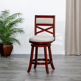 English Elm 24" Counter Height X-Back Swivel Stool, Cherry Finish, Beige Fabric Seat