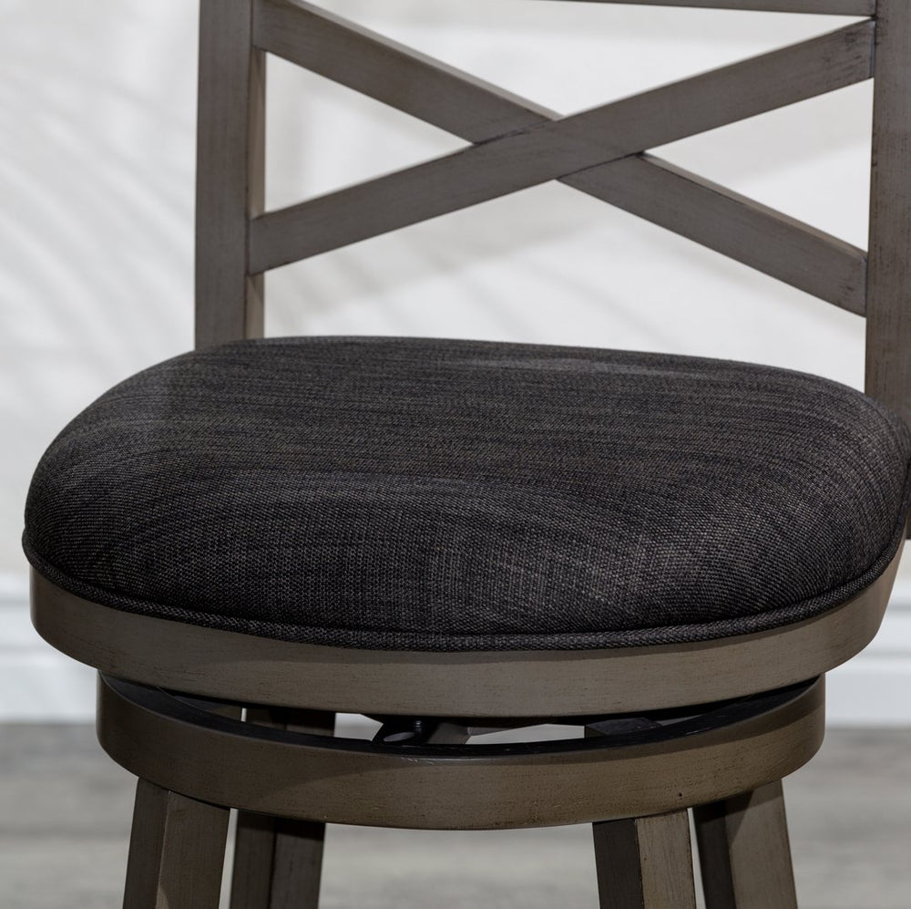English Elm 24" Counter Height X-Back Swivel Stool - Weathered Gray, Charcoal Fabric & Stylish Comfort For Bars B04660722