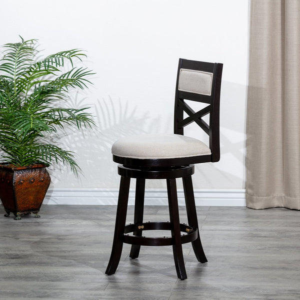 English Elm 24" Counter Height X-Back Swivel Stool with Padded Seat, Solid Hardwood Frame, Durable Swivel Mechanism Espresso B04660712