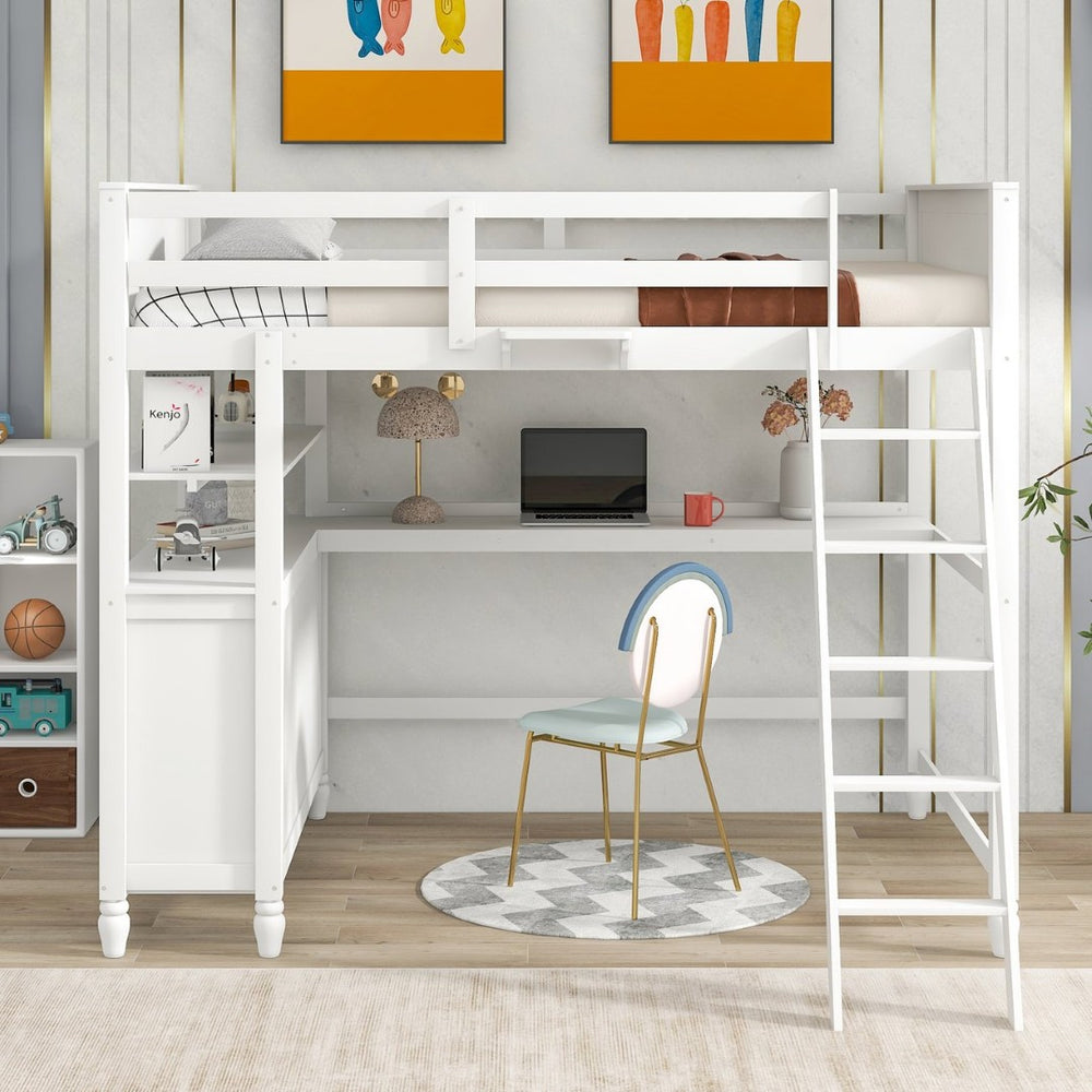English Elm Full Size Pine Wood Loft Bed with Built-in Desk Shelves and Drawer Storage LT011529AAK