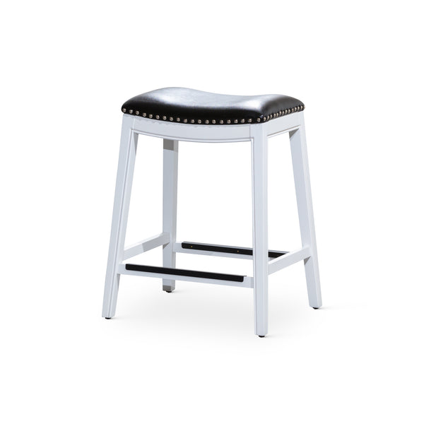 English Elm 30" Bar Stool Saddle Seat White with Black Bonded Leather, Nailhead Trim & Hardwood Frame B04682772