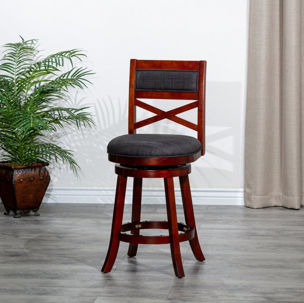 English Elm 24" Counter Height X-Back Swivel Stool with Padded Seat, Solid Hardwood Frame, Durable Swivel Mechanism Cherry B04660710