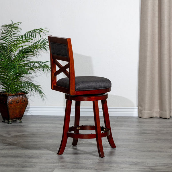 English Elm 30" Bar Height X-Back Swivel Stool - Cherry Finish, Charcoal Padded Seat, Perfect For Bars & Kitchens B04660711