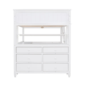 English Elm Full Size Pine Wood Loft Bed with Built-in Desk Shelves and Drawer Storage LT011529AAK