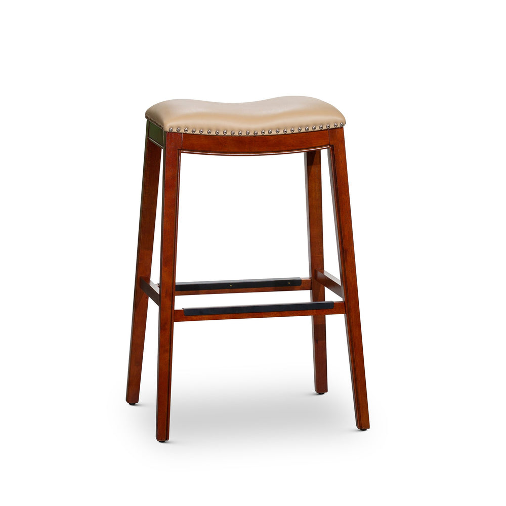 English Elm 30" Bar Stool Cherry Saddle, Bone Bonded Leather Seat with Nailhead Trim, Solid Hardwood Frame, Durable Footplates B04660608