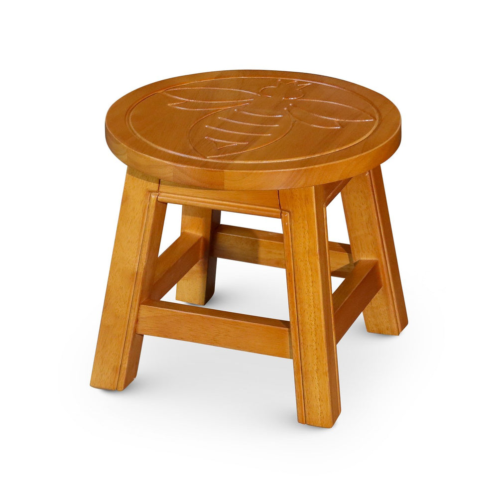 English Elm Carved Wooden Step Stool – Handcrafted Queen Bee Design, Versatile Footrest Or Mini Side Table B04660644