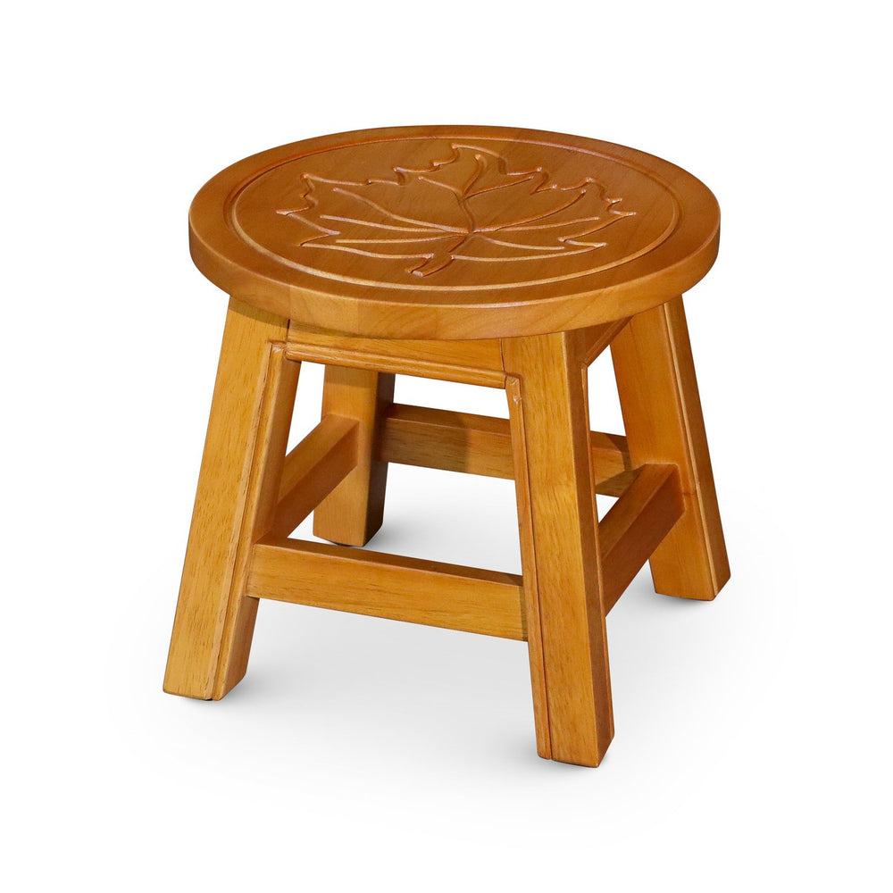 English Elm Carved Wooden Step Stool: Handcrafted Maple Leaf Design, Versatile Footrest & Child'S Seat, Natural Finish B04660640
