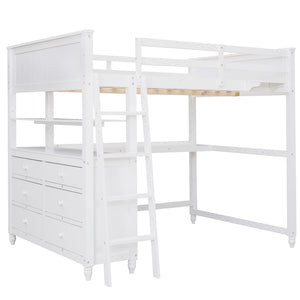 English Elm Full Size Pine Wood Loft Bed with Built-in Desk Shelves and Drawer Storage LT011529AAK