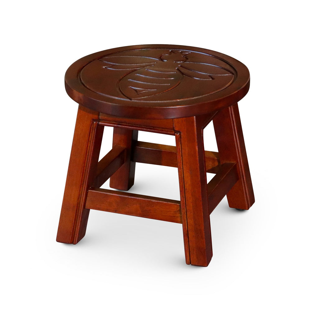 English Elm Carved Wooden Step Stool With Charming Queen Bee Design - Durable, Versatile & Stylish Accent Piece B04660636