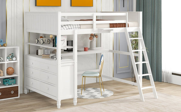English Elm Full Size Pine Wood Loft Bed with Built-in Desk Shelves and Drawer Storage LT011529AAK