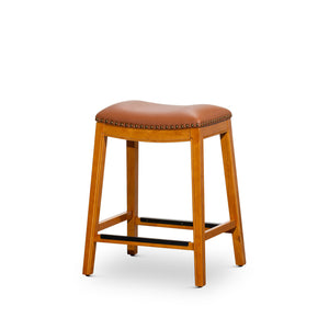 English Elm 24" Counter Stool Saddle Leather Seat — Solid Hardwood Frame, Nailhead Trim, Metal Footplates, Durable Finish B04660609