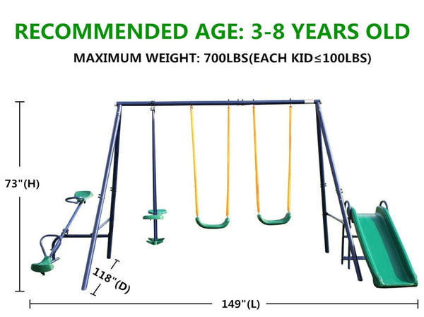 English Elm 4 Activity Steel A-frame Backyard Swing Set with Seesaw Slide and Glider for Kids W140860516