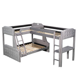 L-Shaped Twin over Full Upholstered Bunk Bed and Twin Size Loft Bed with Desk, Grey