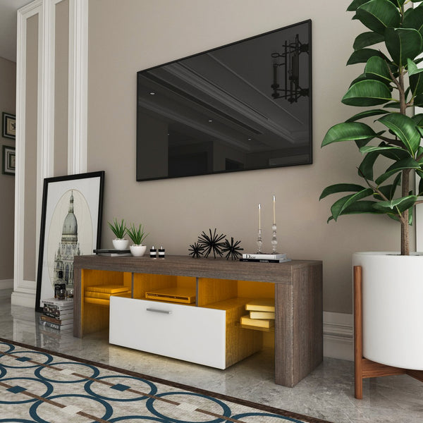 English Elm 20 Modern Brown TV Stand with Toughened Glass Shelf, LED Color Lights, Brand Hardware, Adjustable Feet W67943610