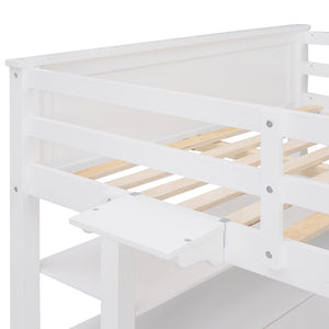 English Elm Full Size Pine Wood Loft Bed with Built-in Desk Shelves and Drawer Storage LT011529AAK