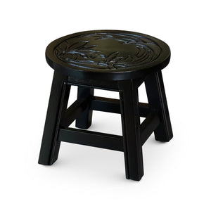 English Elm Carved Wooden Step Stool With Floral Design, Espresso Finish - Versatile Mini Side Table & Seat B04660642