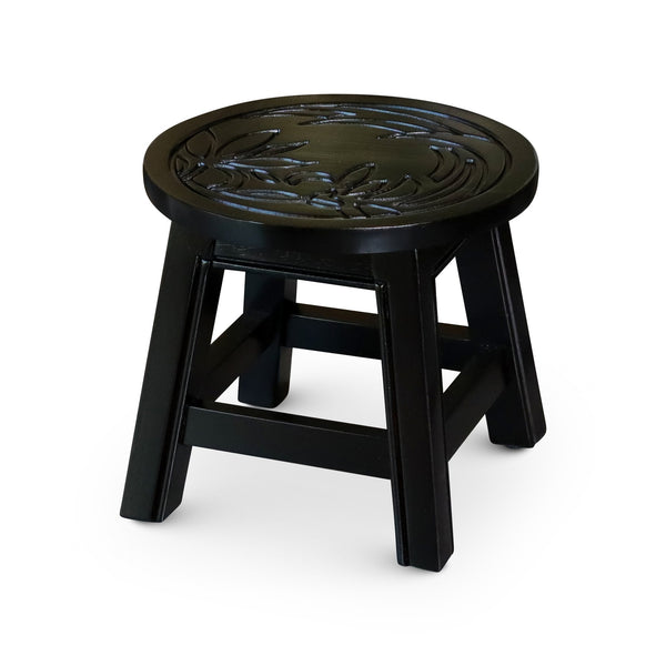 English Elm Carved Wooden Step Stool With Floral Design, Espresso Finish - Versatile Mini Side Table & Seat B04660642
