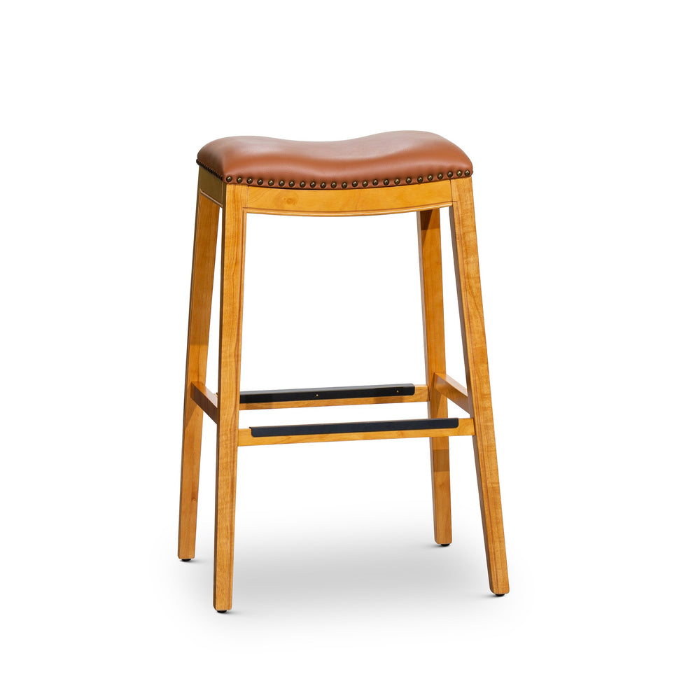English Elm 30" Bar Stool Solid Hardwood Frame with Saddle Bonded Leather, Nailhead Trim & Metal Footplates B04660610