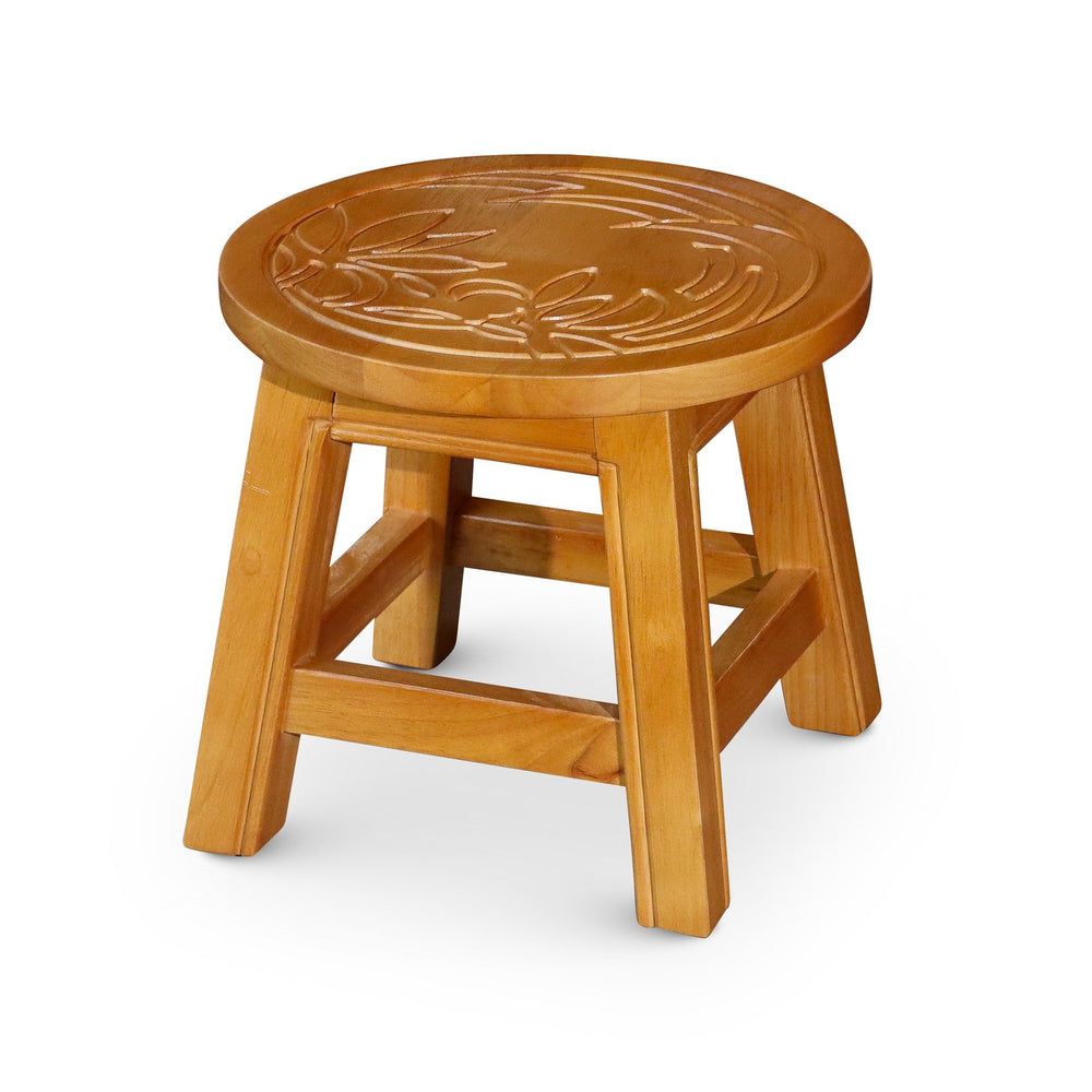 English Elm Carved Wooden Step Stool – Whimsical Floral Design, Durable Hardwood For Kids & Home Decor Use B04660641